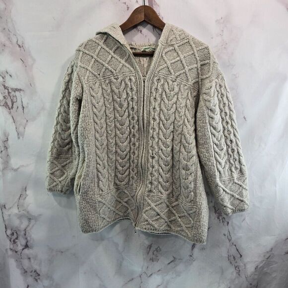 Aran Crafts Wool Sweater Womens Large Cardigan Hooded Oversized Fisherman Vtg - Picture 1 of 13